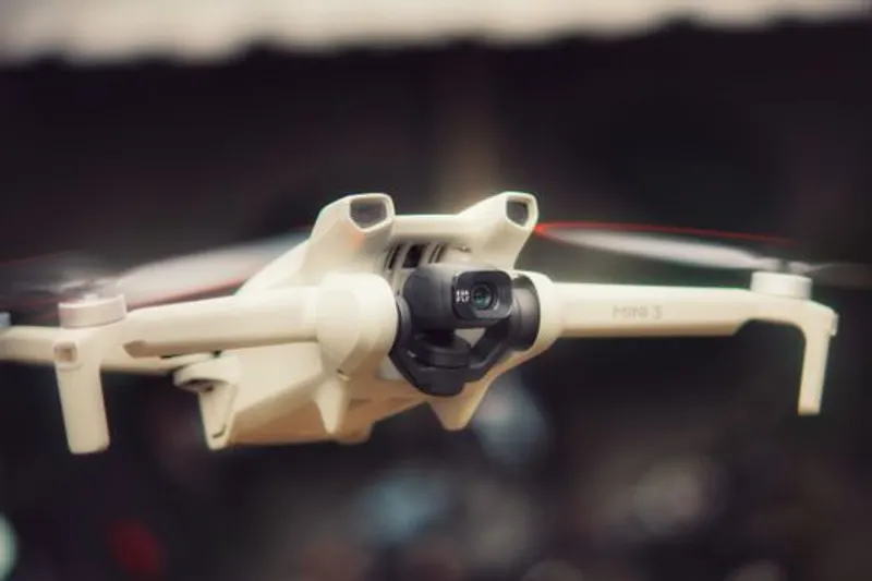 Gambar close-up detail dari sebuah drone yang terbang di luar ruangan, memperlihatkan kamera dan baling-balingnya saat beroperasi.
